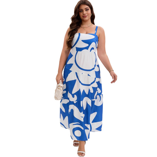 Woman wearing Geometric Print Layered Maxi Dress in a vacation setting