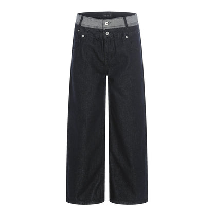Woman wearing Two Color Block Denim Straight Leg Pants in a casual setting