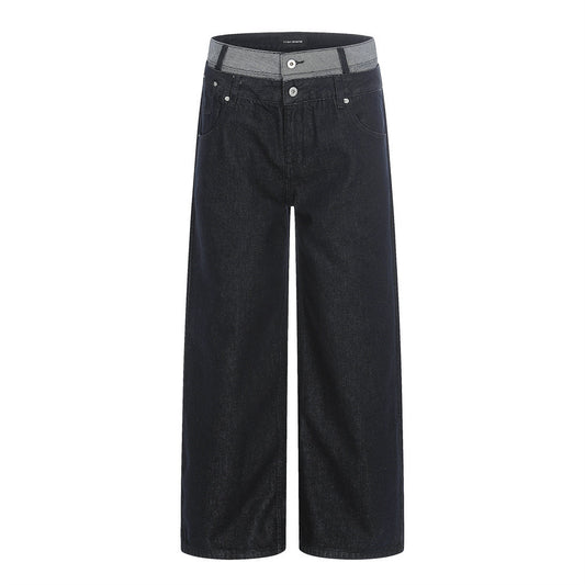Woman wearing Two Color Block Denim Straight Leg Pants in a casual setting