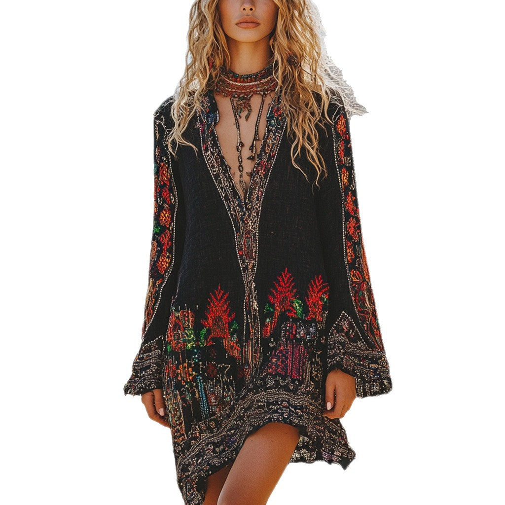 Woman wearing Autumn Winter Retro Ethnic Midi Dress in a cozy autumn setting