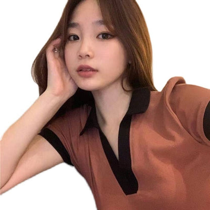 Woman wearing V Neck Short Sleeve Crop Top in a casual setting