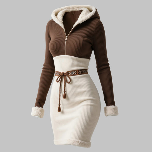 Woman wearing Vintage Ethnic Style Zip Up Hooded Bodycon Dress in a city setting