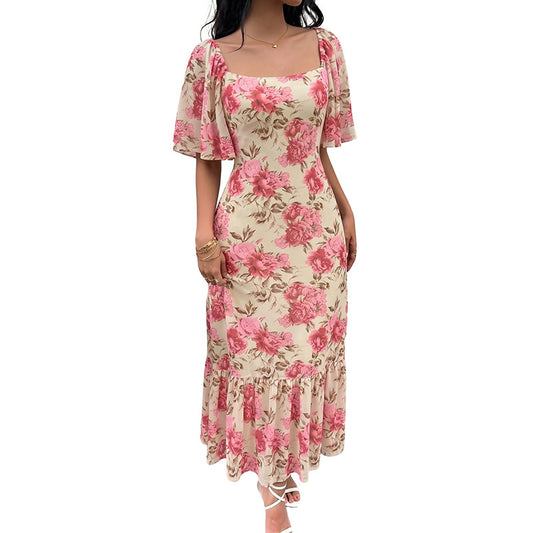 Square Collar Lotus Leaf Sleeve Long Skirt | Tajstylo