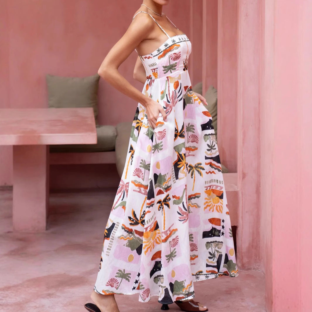 Woman wearing Floral Print Drawstring Waist Maxi Dress in a sunny beach setting
