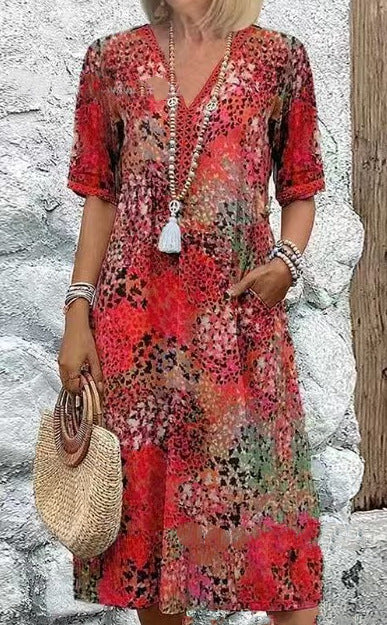 Woman wearing Color Blocked Lace Trim V Neck Short Sleeve Dress in a sunny outdoor setting