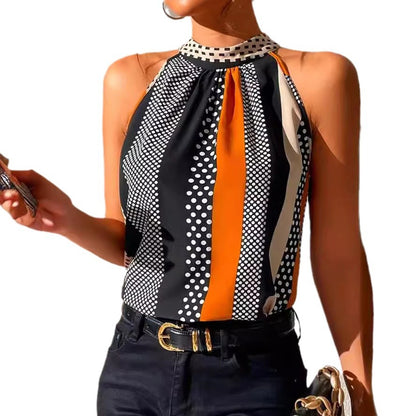 Woman wearing Printed Halter Top with Stand Collar in an urban setting