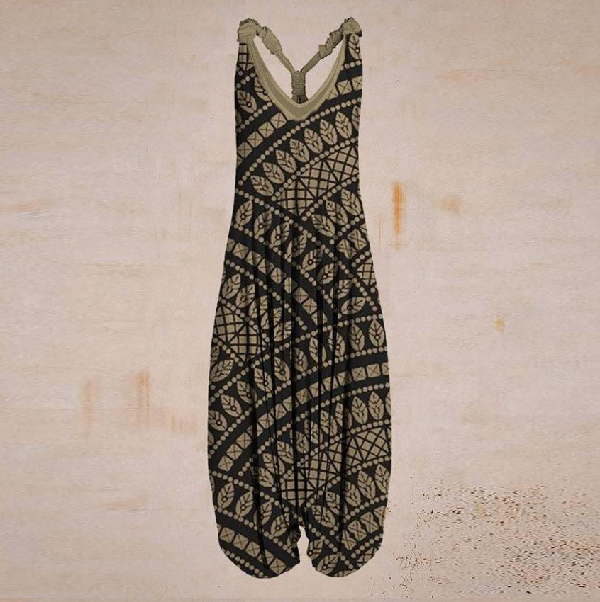 Woman wearing Printed Sleeveless Loose Knit Overalls in a city setting
