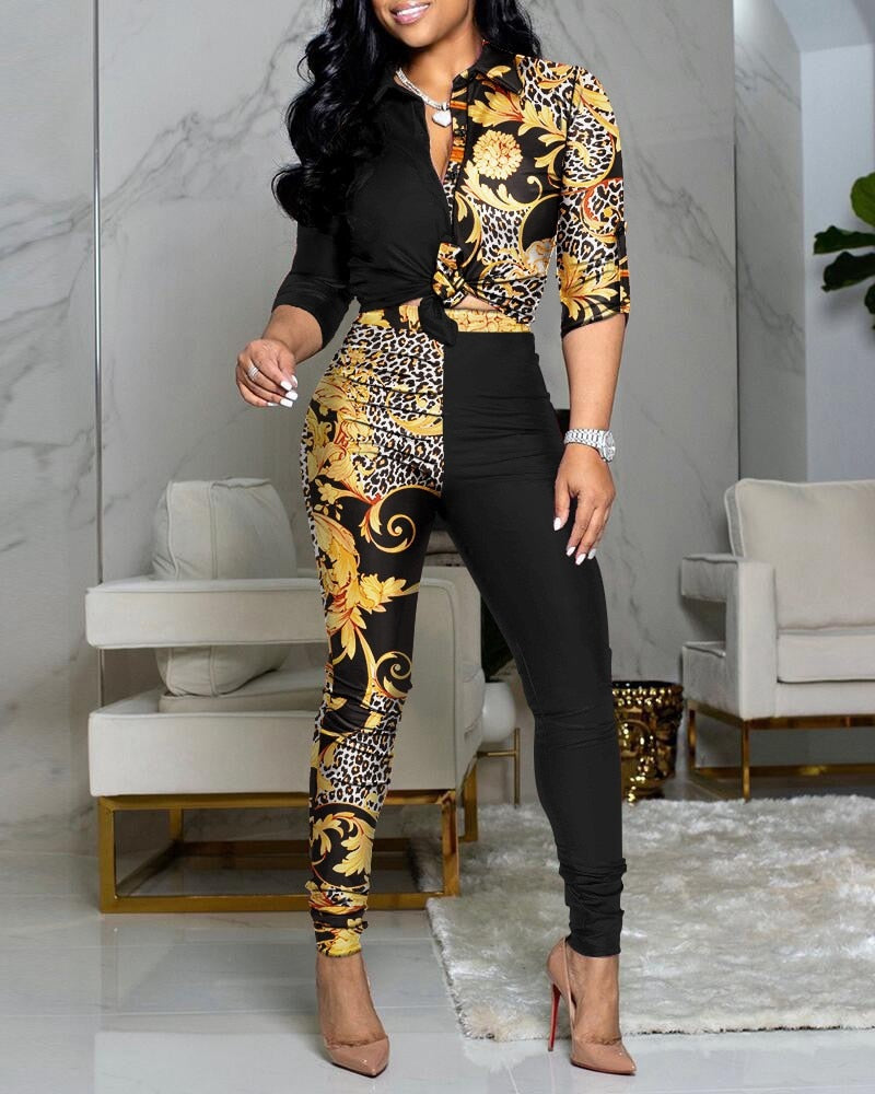 Woman wearing Chain Print Two Piece Set in an autumn setting