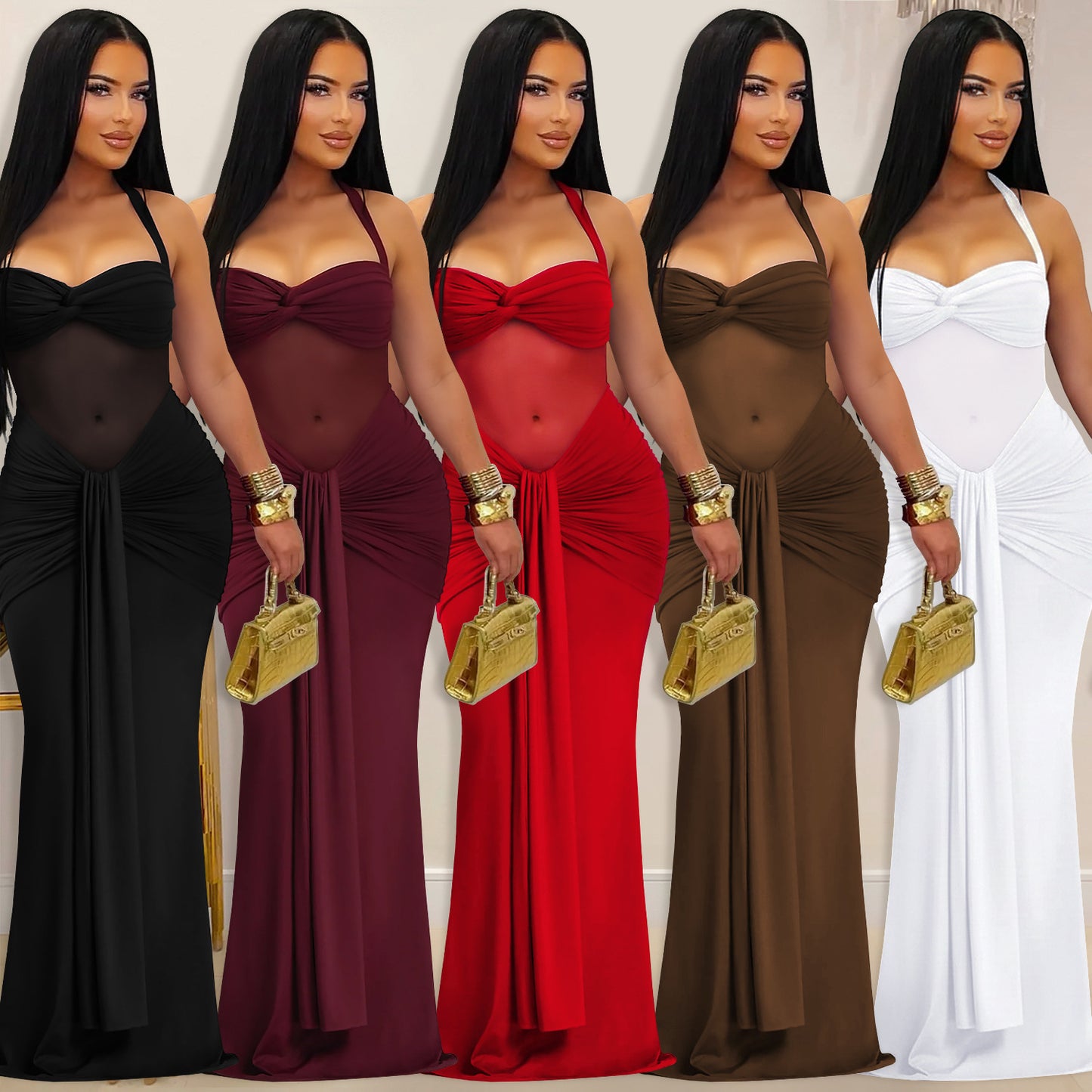 Sheer Mesh Halter Tie-Back Bodycon Dress | Tajstylo