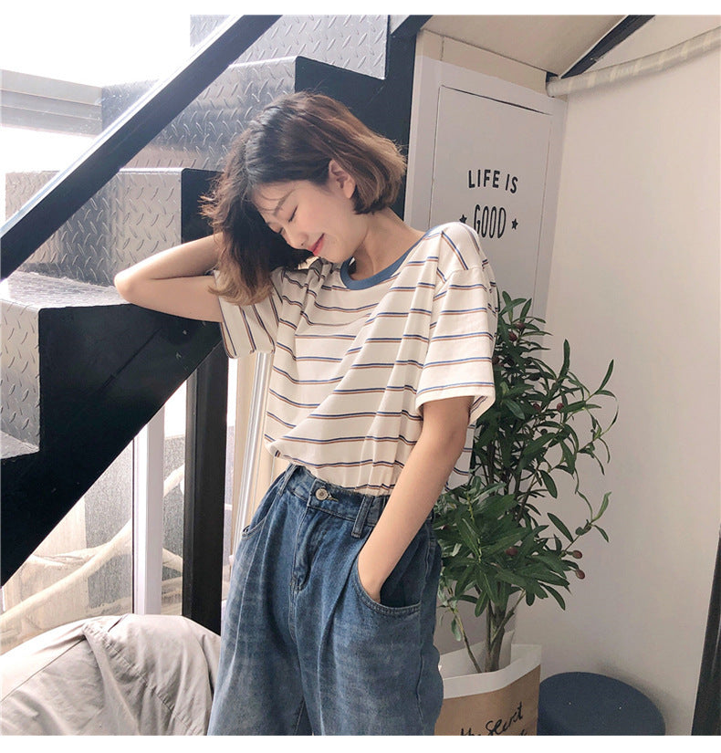 Academy Style Loose Fit Striped T-Shirt | Tajstylo