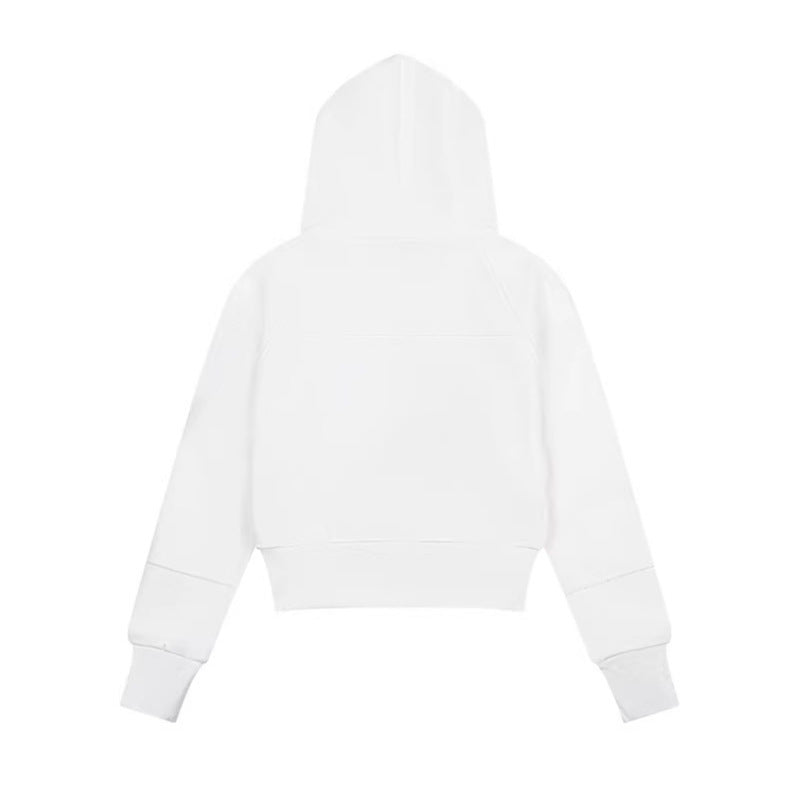 Woman wearing Hooded Sweatshirt with Zipper Pocket in a city setting