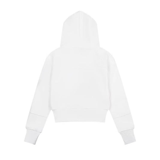 Woman wearing Hooded Sweatshirt with Zipper Pocket in a city setting