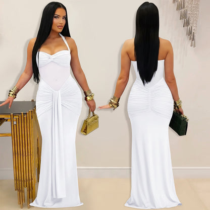 Sheer Mesh Halter Tie-Back Bodycon Dress | Tajstylo