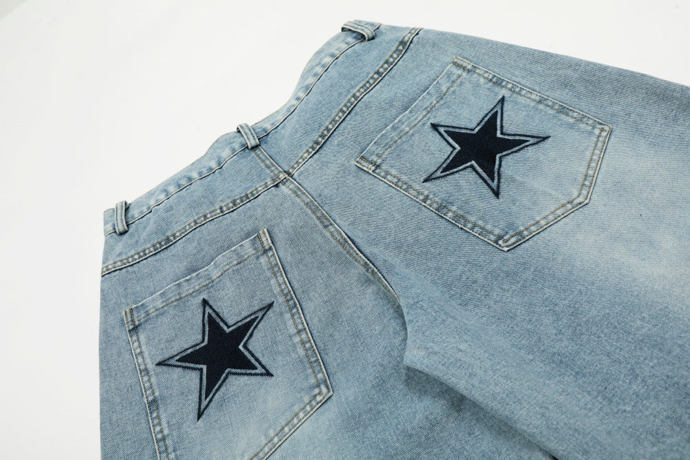 Five Pointed Star Embroidered Denim Cargo Pants | Tajstylo