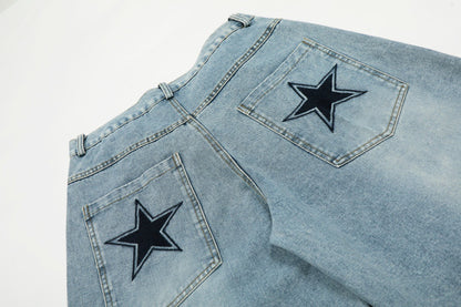 Five Pointed Star Embroidered Denim Cargo Pants | Tajstylo