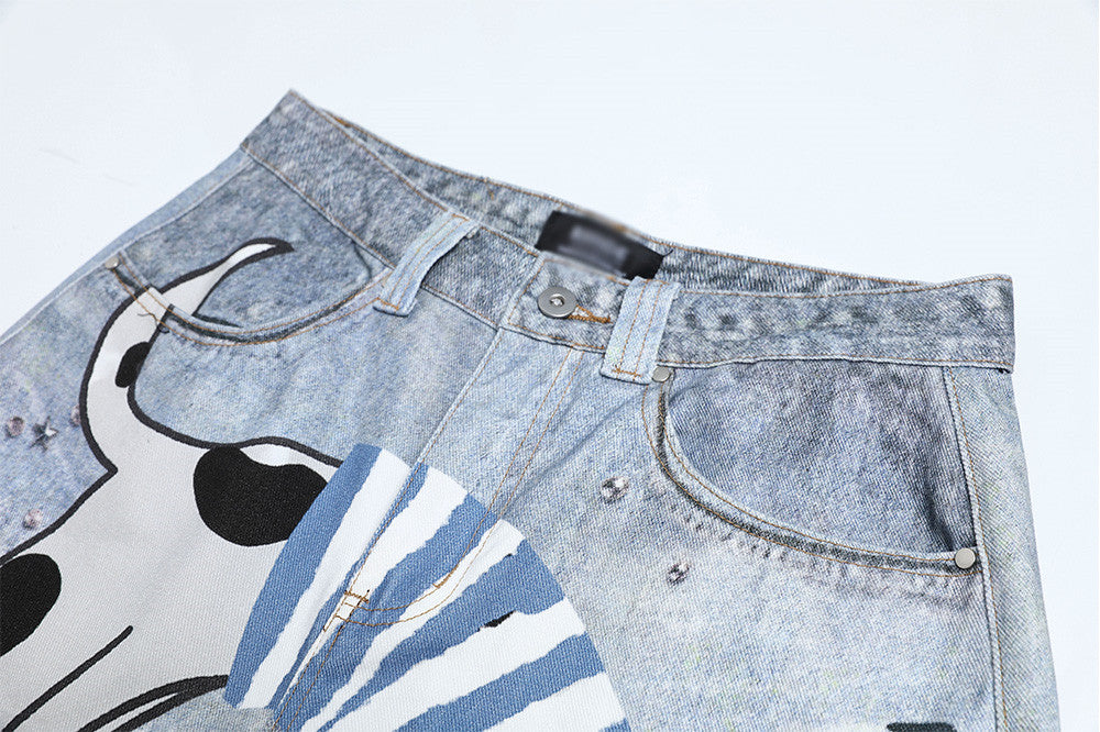Fun Dog Cartoon Printed Denim Pants | Tajstylo
