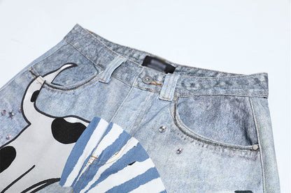 Fun Dog Cartoon Printed Denim Pants | Tajstylo