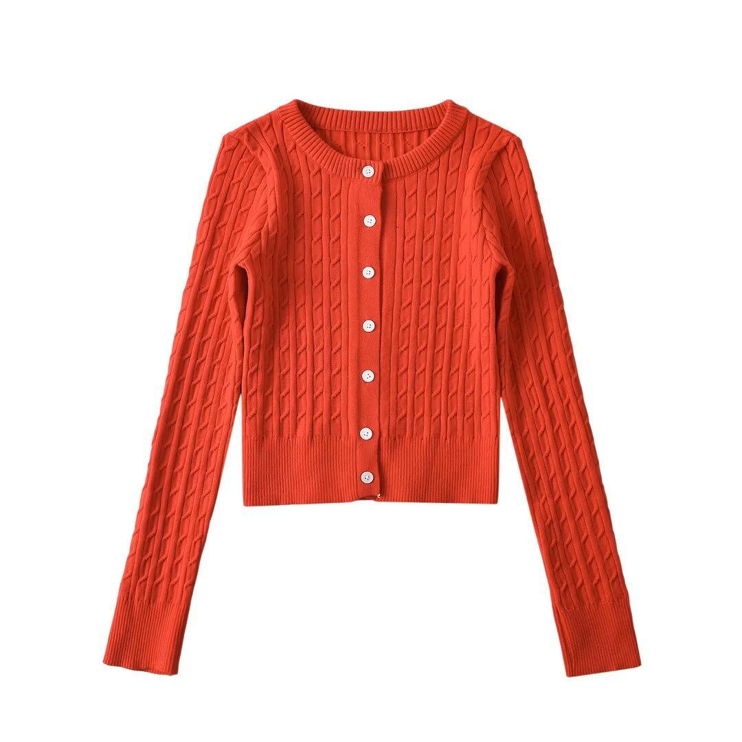 Woman wearing Round Neck Long Sleeve Cardigan Sweater in a stylish setting