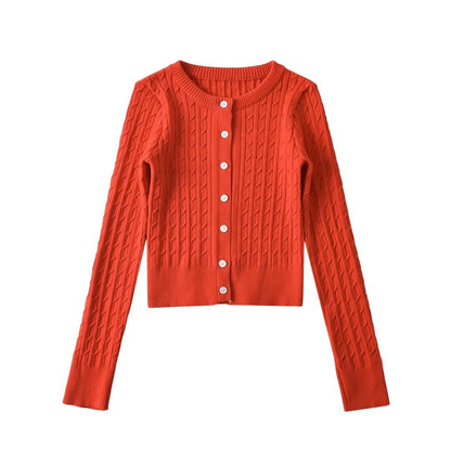 Woman wearing Round Neck Long Sleeve Cardigan Sweater in a stylish setting