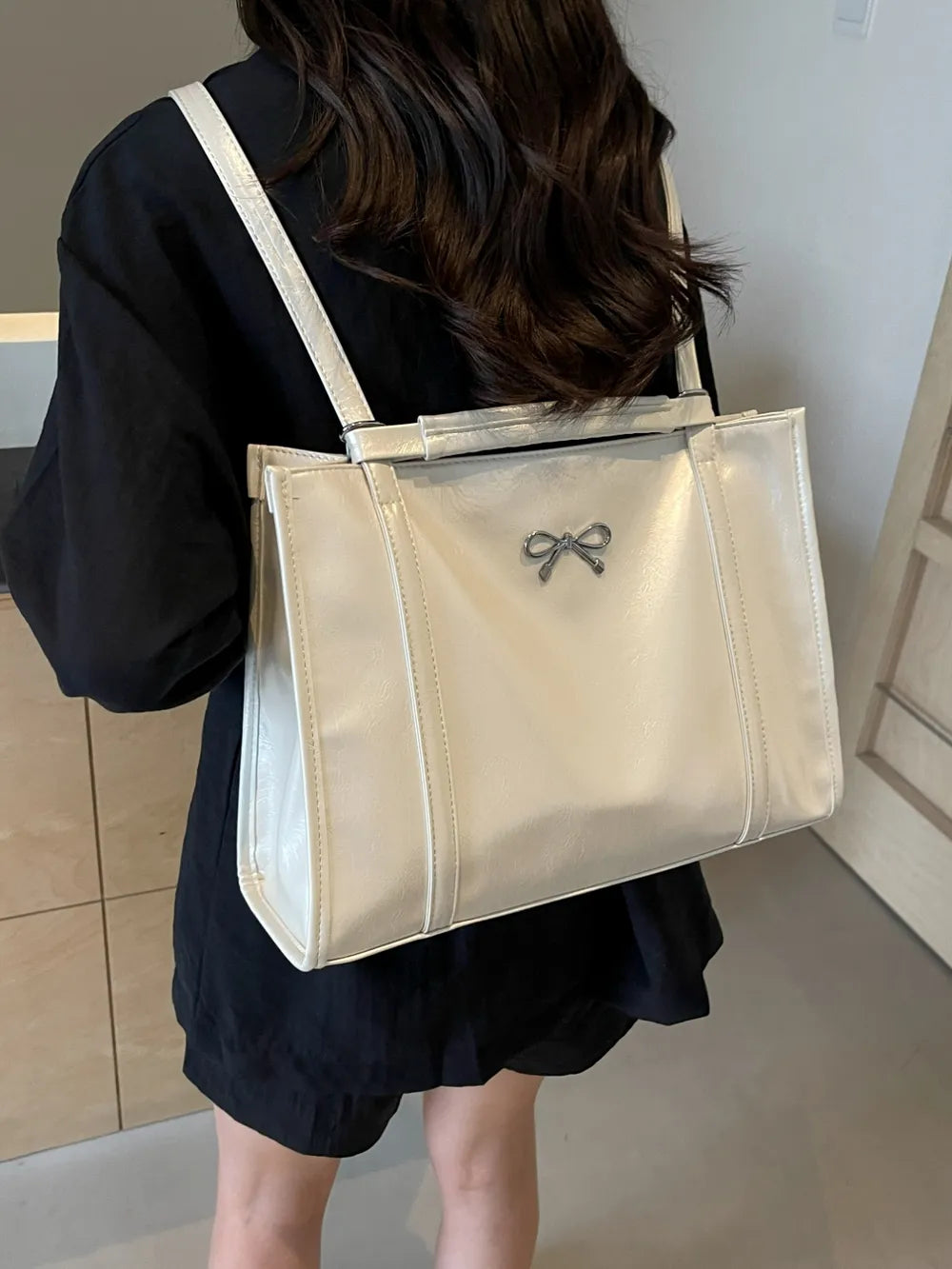 Women's PU Leather Bow Detail Adjustable Zipper Shoulder Bag – Model View | TajStylo