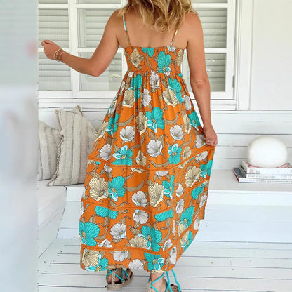 Woman wearing One-Shoulder Leaf Print Boho Maxi Dress in a sunny outdoor setting
