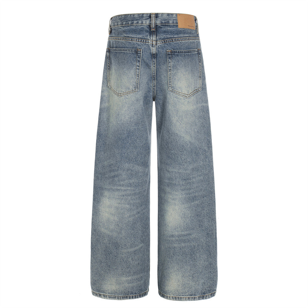 Woman wearing Distressed Blue Punk Straight Fit Jeans in urban setting