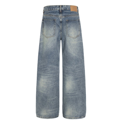 Woman wearing Distressed Blue Punk Straight Fit Jeans in urban setting