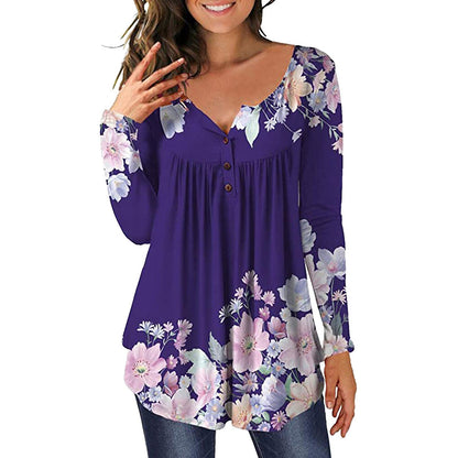 Woman wearing Floral Printed Tunic Shirt in a spring setting