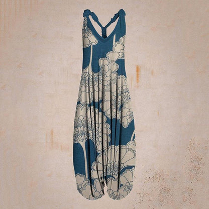 Woman wearing Printed Sleeveless Loose Knit Overalls in a city setting