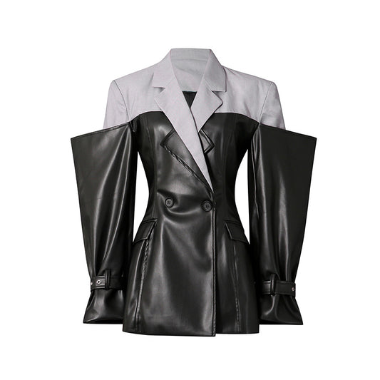 Woman wearing Collage Suit Jacket in a casual urban setting