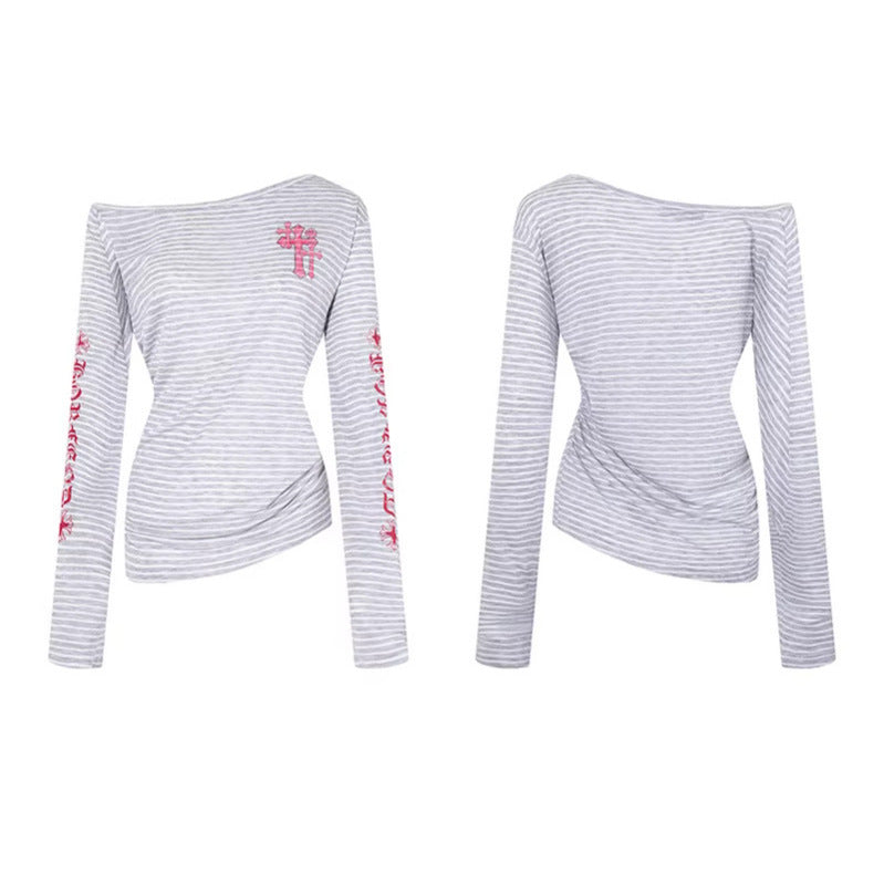 Woman wearing Stripe Graffiti Off Shoulder Long Sleeve Tee in an urban setting