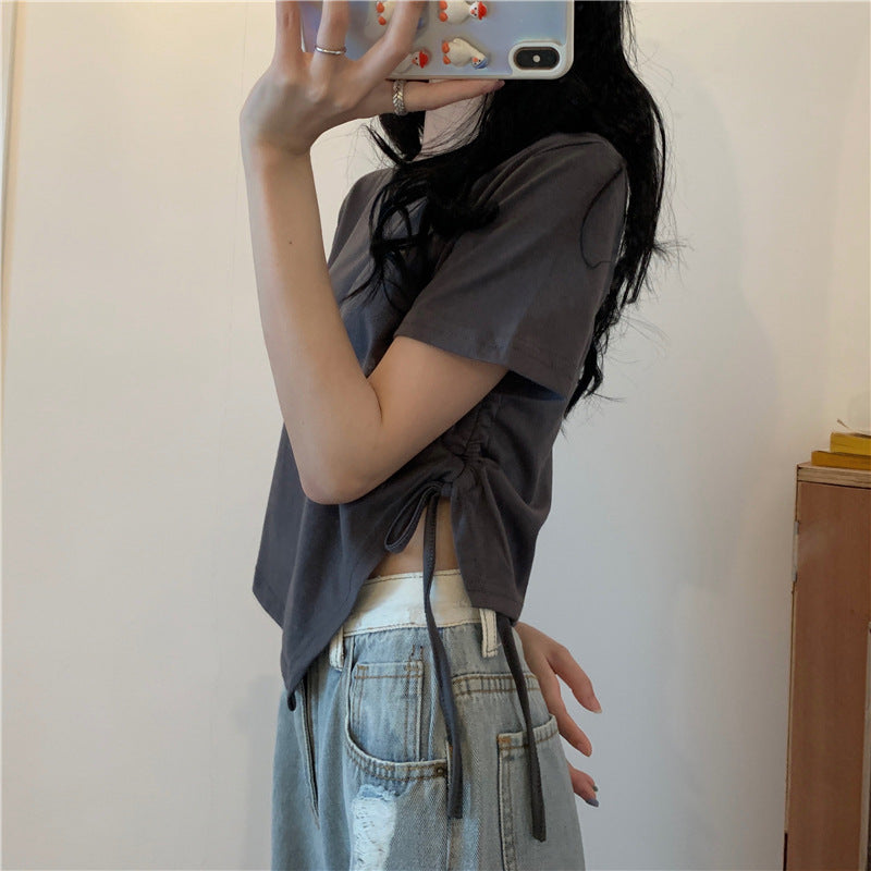Irregular Drawstring Cropped T-Shirt | Tajstylo