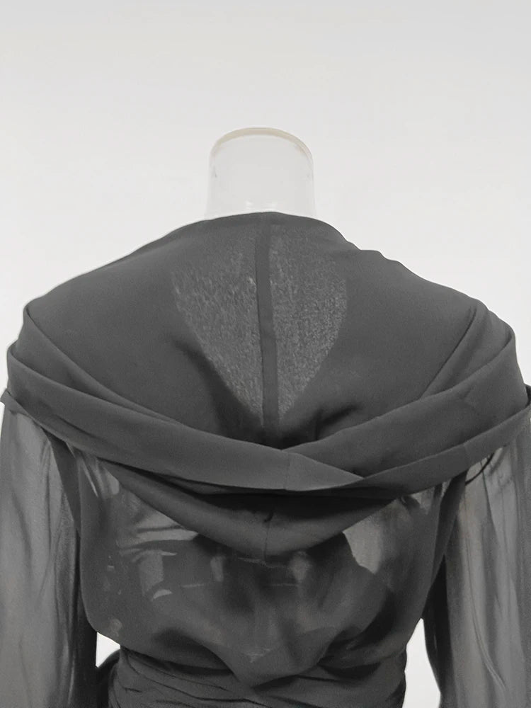 Solid Sheer Mesh Slimming Hooded Shirt | Tajstylo