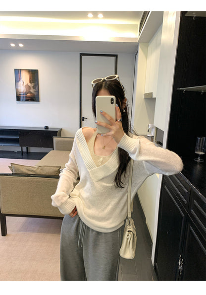 Faux Two-Piece Wool V-Neck Knit Sweater | Tajstylo