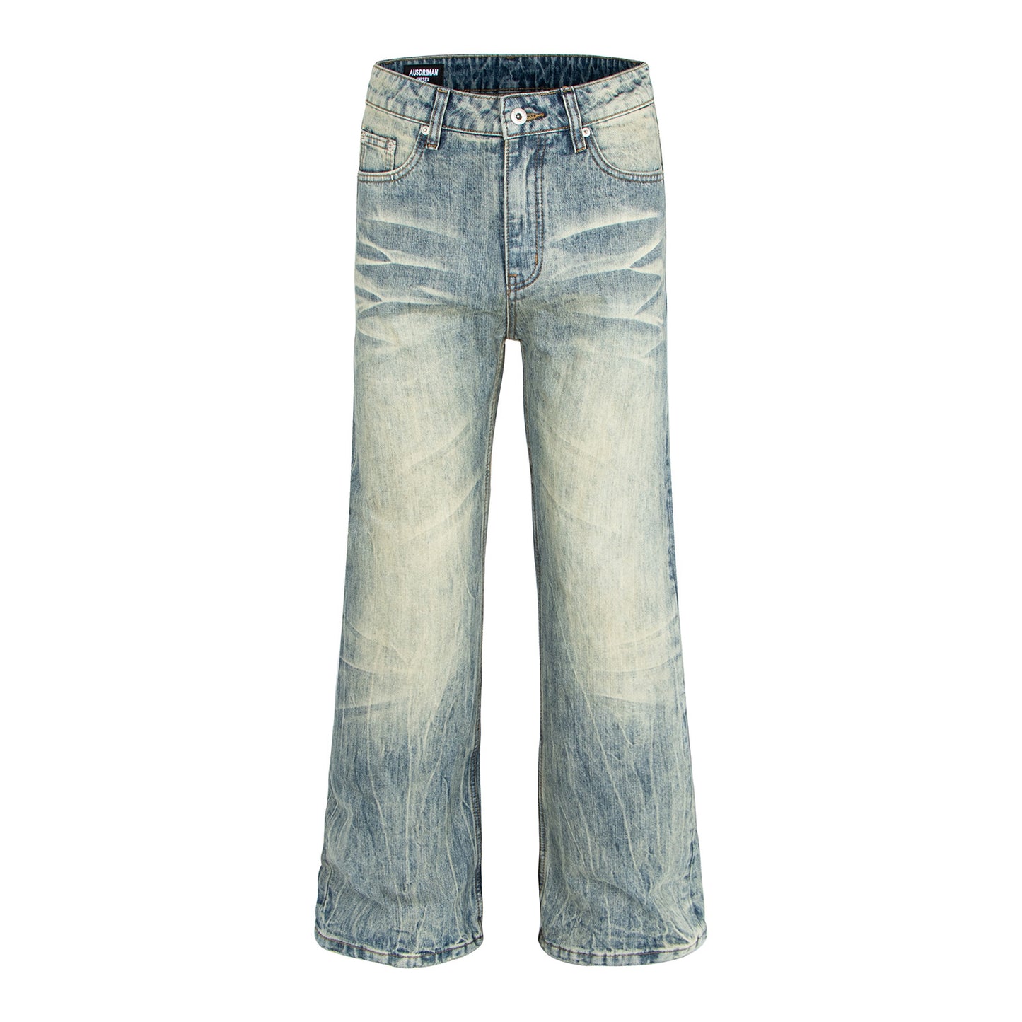 Woman wearing Washed Vintage Catwhisker Denim Pants in urban setting