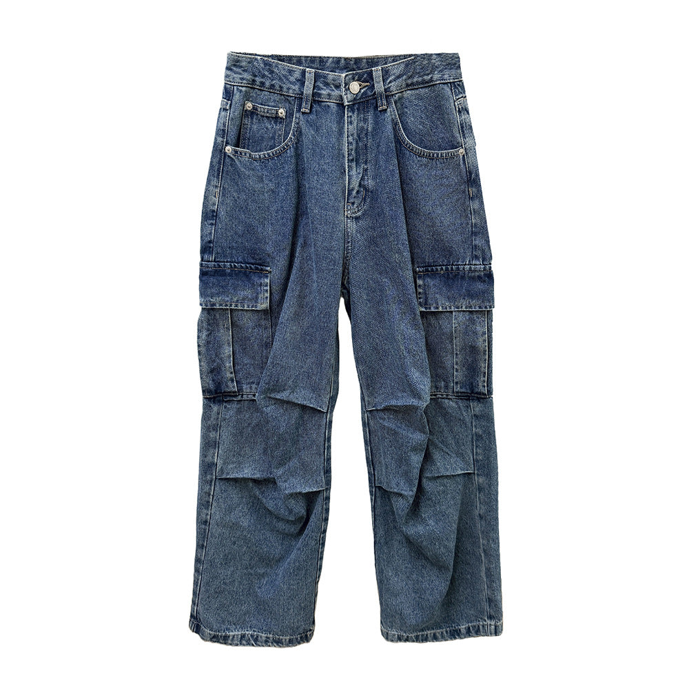 Woman wearing Street Style Cargo Denim Pants in an urban setting