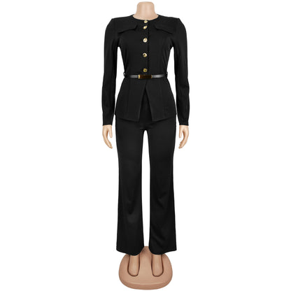 Slimming Belted Long Sleeve Top and Pants Set | Tajstylo