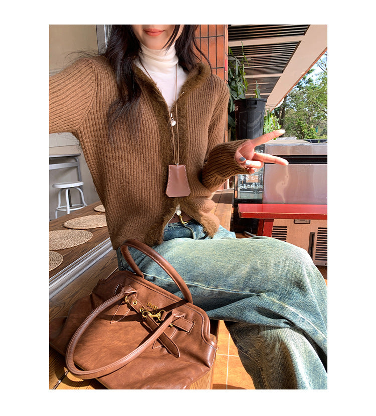 Hooded Knit Cardigan with Fur Collar | Tajstylo