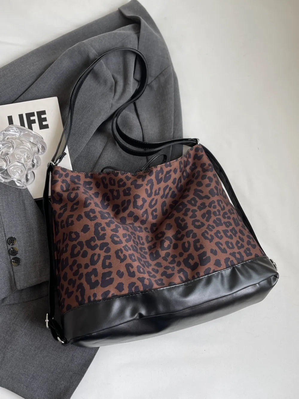 Women's Leopard Print PU Lace-Up Dual Purpose Crossbody Shoulder Bag – Model View | TajStylo