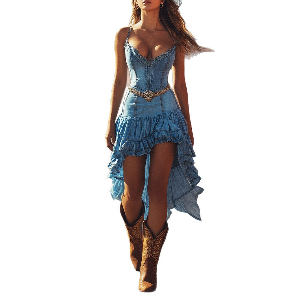 Woman wearing Vintage Retro Western Ruffle Midi Dress in a countryside setting