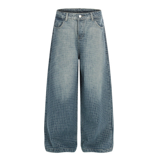 Woman wearing Checkered Wide Leg Jeans in a street setting