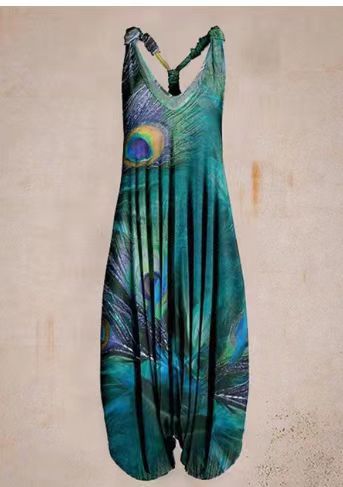 Woman wearing Printed Sleeveless Loose Knit Overalls in a city setting