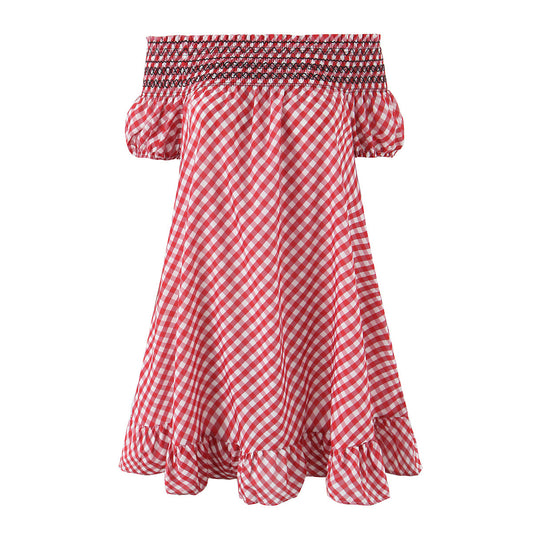 Woman wearing One-Shoulder Red Plaid Midi Dress in a casual setting