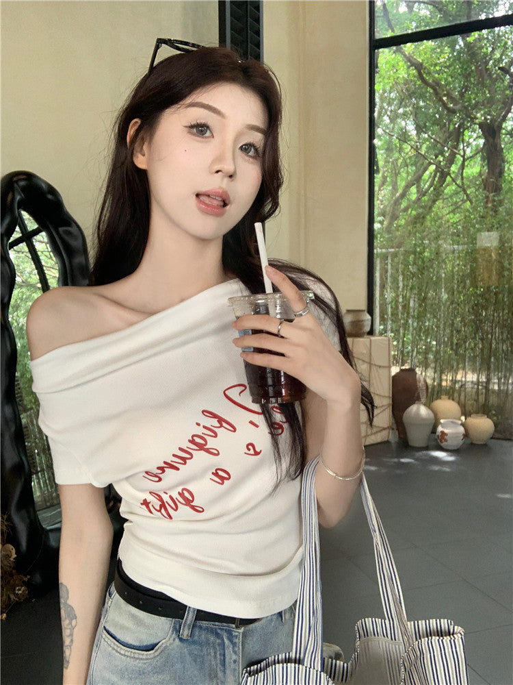 One Shoulder Fitted Crop Top with Letter Print | Tajstylo