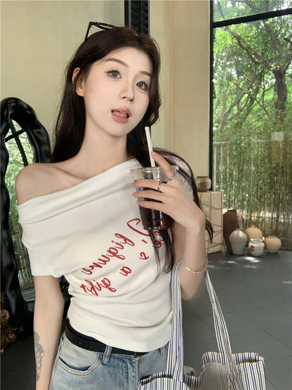 One Shoulder Fitted Crop Top with Letter Print | Tajstylo