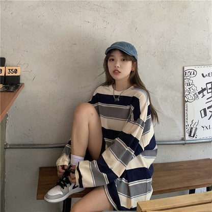 Casual Loose Stripe Long Sleeve T-Shirt | Tajstylo