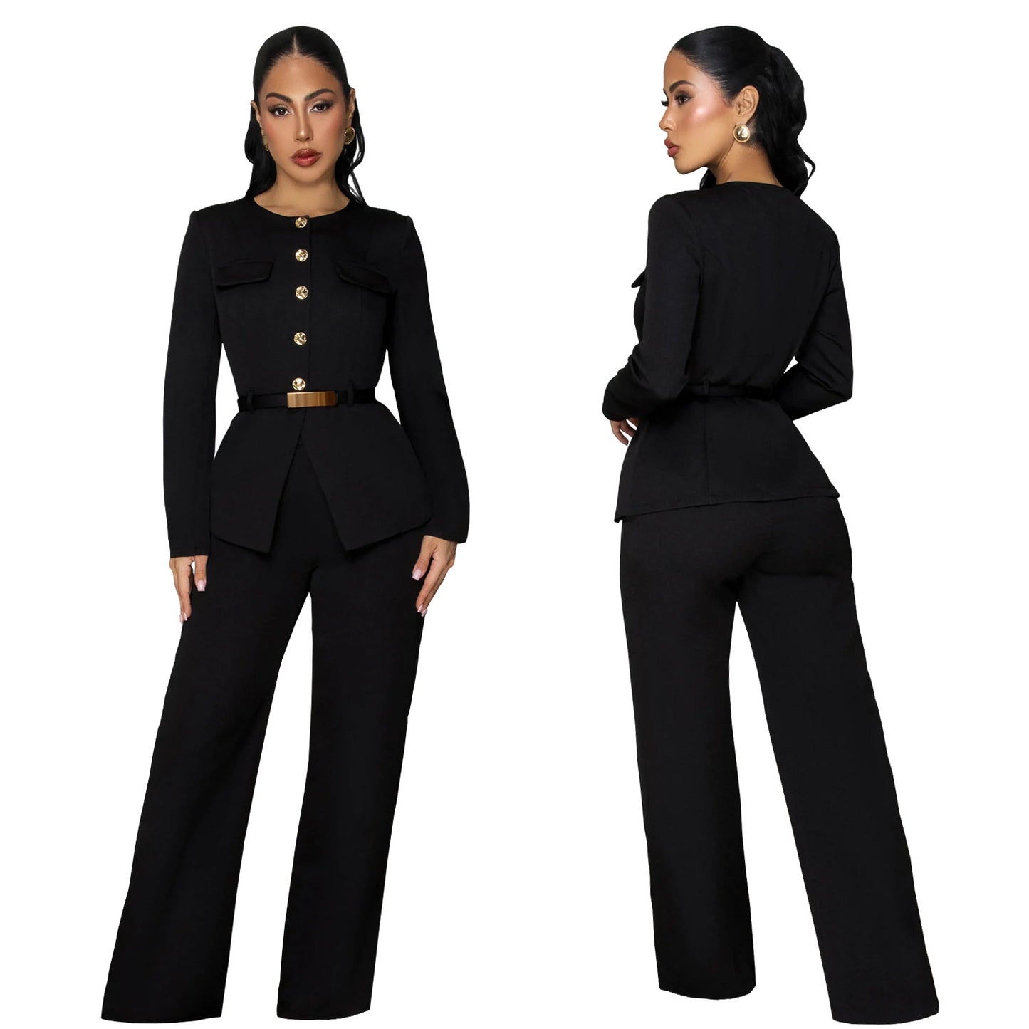 Slimming Belted Long Sleeve Top and Pants Set | Tajstylo