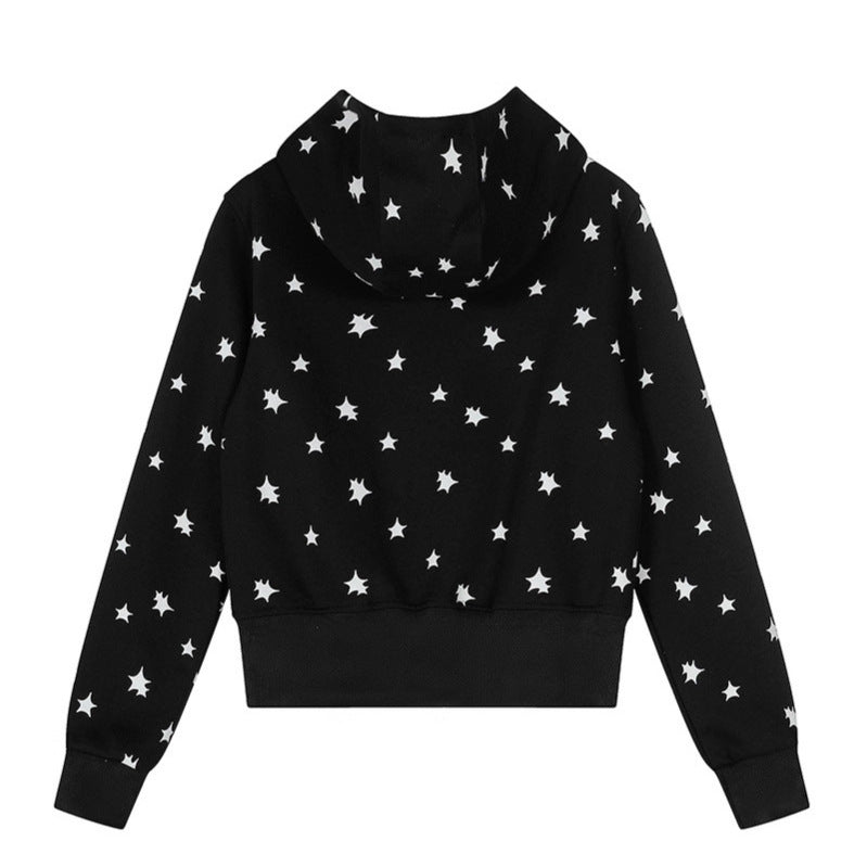 Woman wearing Star Print Hoodie Jacket in a casual outdoor setting