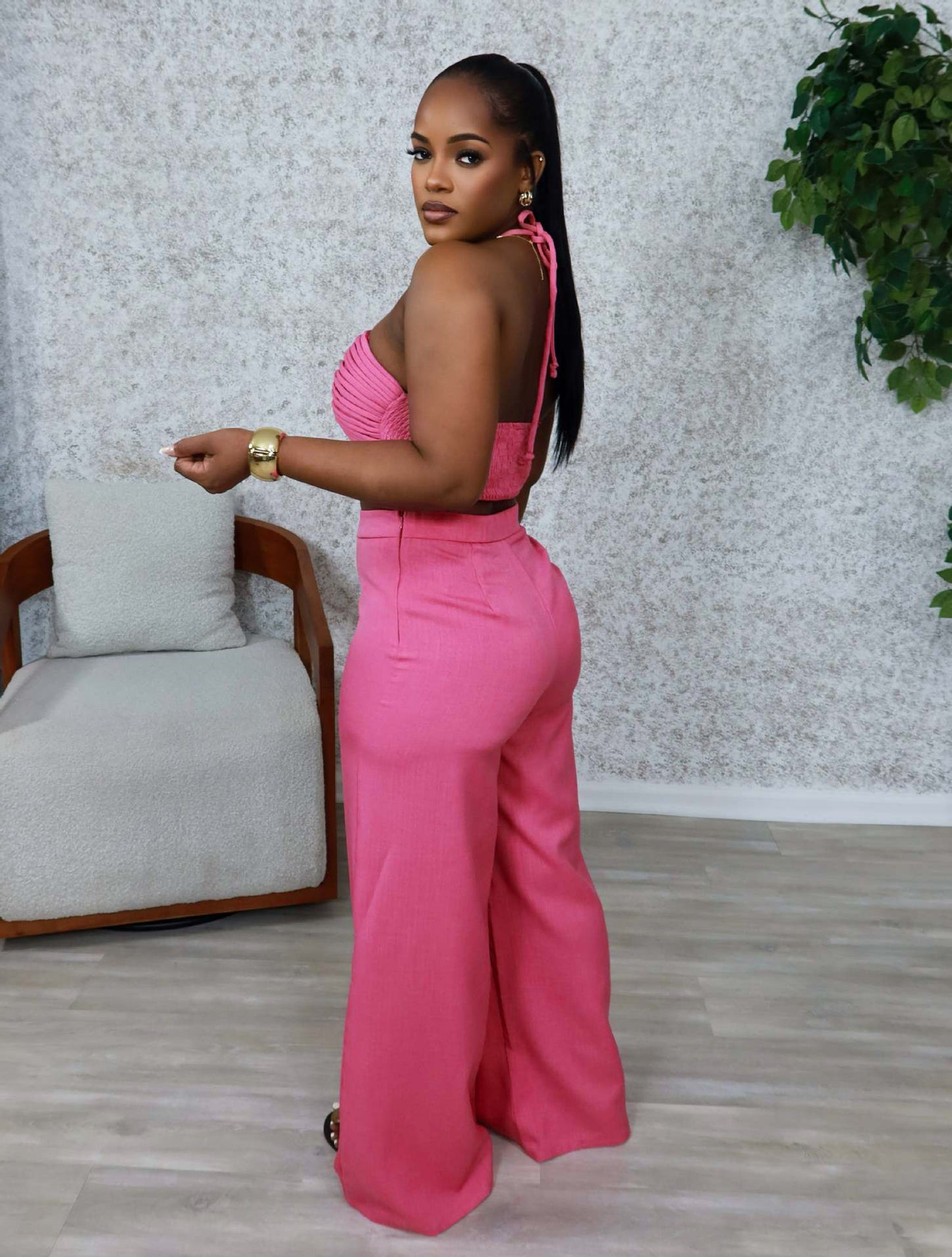 Drawstring Tie-Up Top and High Waist Loose Long Pants Set | Tajstylo
