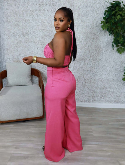 Drawstring Tie-Up Top and High Waist Loose Long Pants Set | Tajstylo